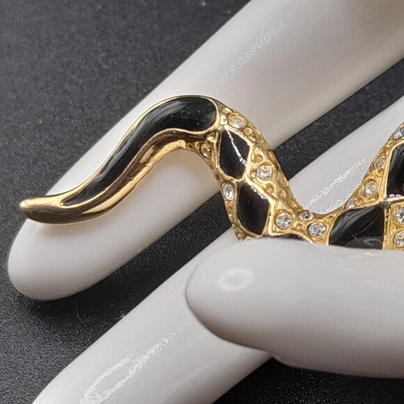Vintage Snake Brooch, Black Enamel, Clear Rhinestones, 80s Jewelry - Picture 7 of 11